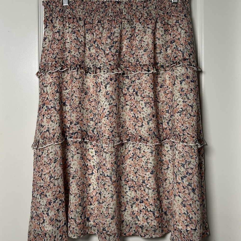Allegra K Ditsy Floral Smocked Tiered Ruffle Midi Skirt Cottagecore Boho Style